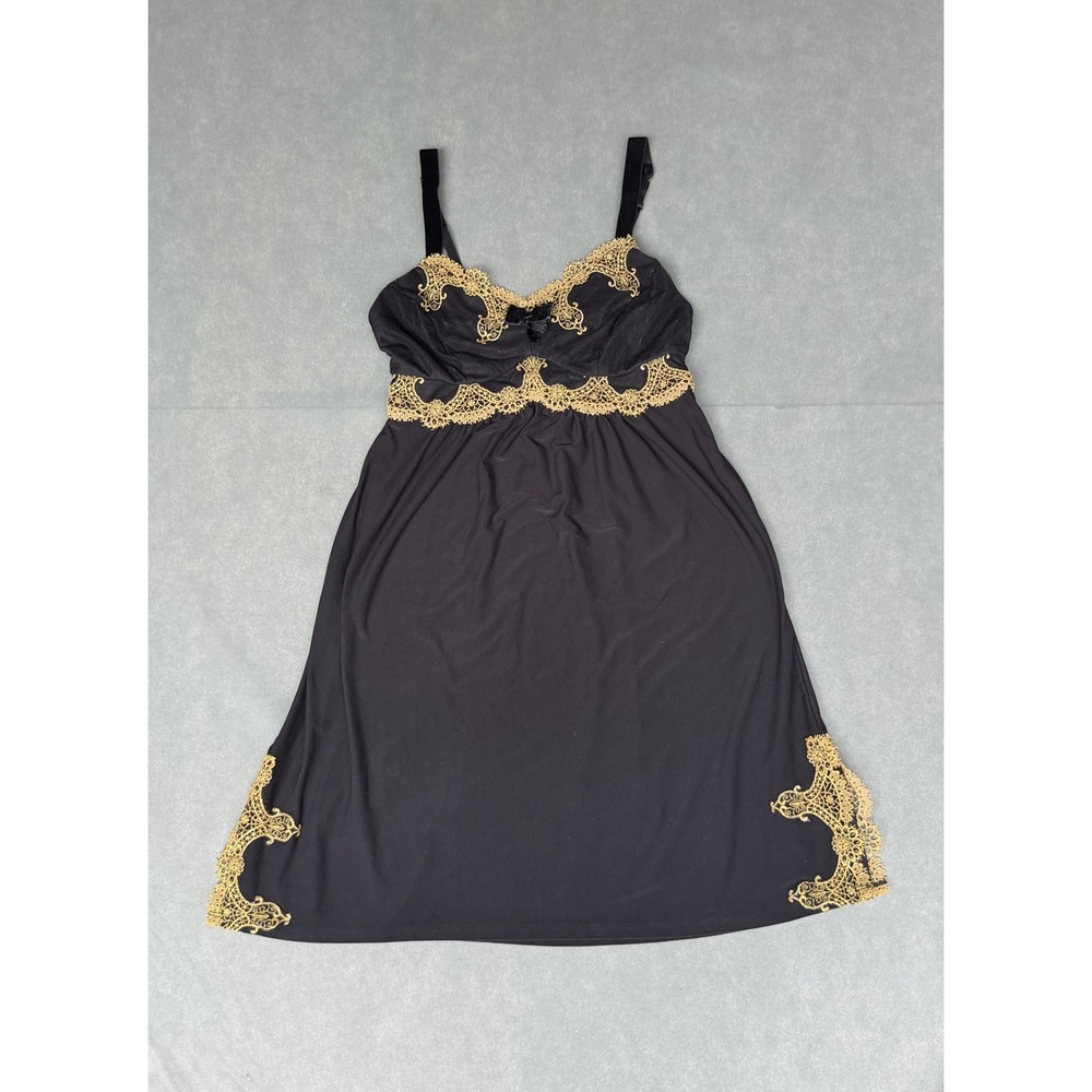 Soma Intimates Black Gold Metallic Lace Trim Chemise Nightgown XS
